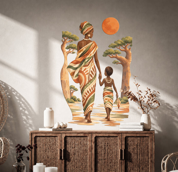 African mother and child walking under an orange sun wall decal above a cabinet.