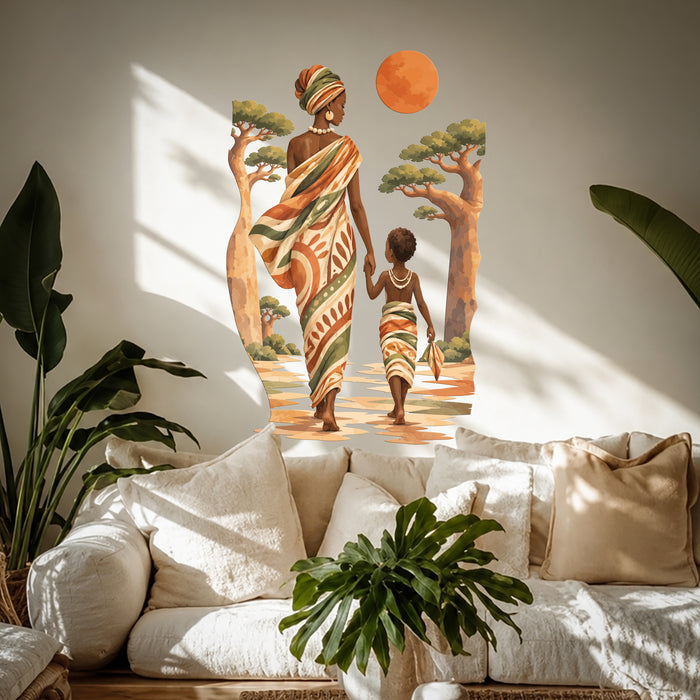 African mother and child wall decal in a bright living room.