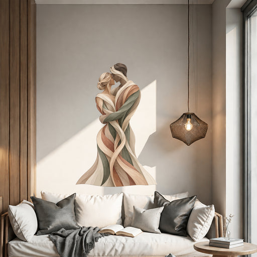 Abstract embracing couple wall decal in a living room above a sofa.