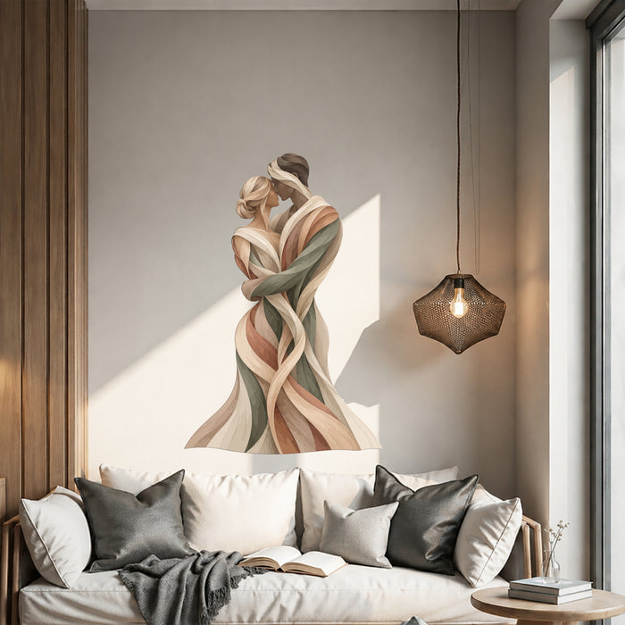 Abstract embracing couple wall decal in a living room above a sofa.