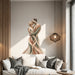 Abstract embracing couple wall decal in a living room above a sofa.