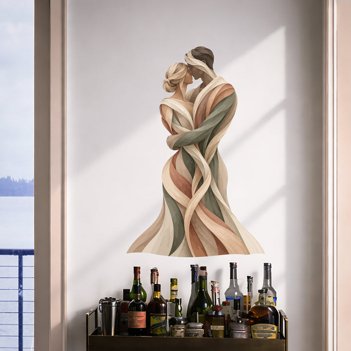 Abstract couple wall decal displayed above a bar counter.