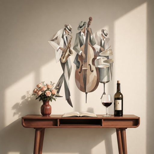 Jazz musicians with a double bass wall decal in a room above a console table.