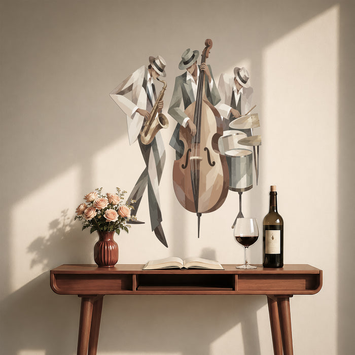 Jazz musicians with a double bass wall decal in a room above a console table.