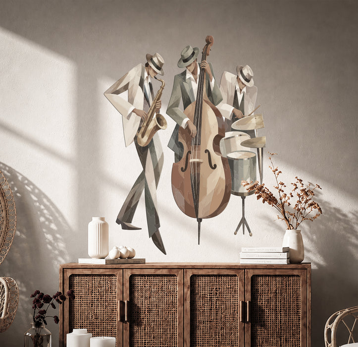 Jazz band with double bass wall decal displayed above a cabinet.