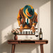 Colorful pianist at a keyboard wall decal above a console.