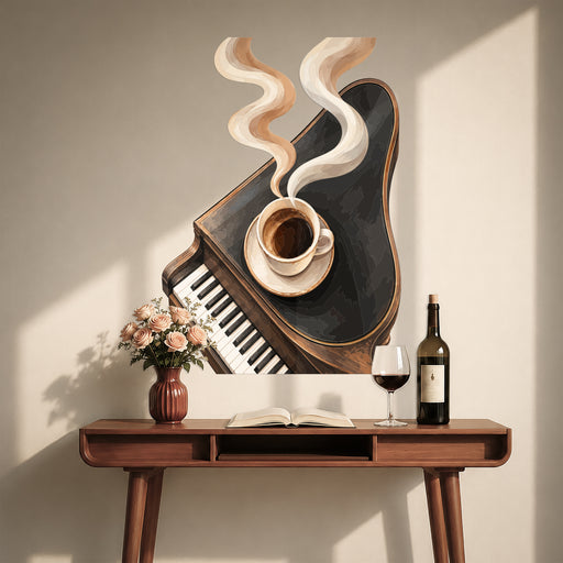 Piano-shaped wall decal with a steaming coffee cup above a keyboard.
