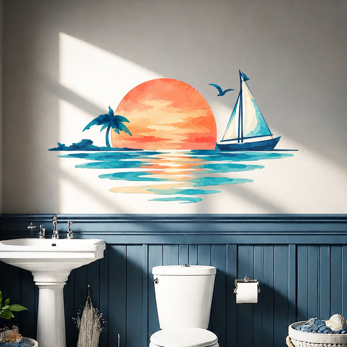Colorful Sailboat Sunset Ocean Island Wall Decal Art in an interior setting