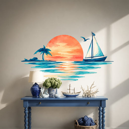 Colorful Sailboat Sunset Ocean Island Wall Decal Art in an interior setting