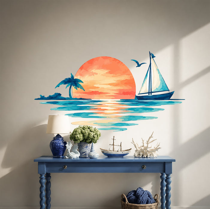 Colorful Sailboat Sunset Ocean Island Wall Decal Art in an interior setting