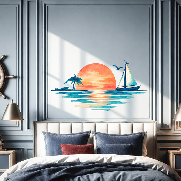 Colorful Sailboat Sunset Ocean Island Wall Decal Art in an interior setting