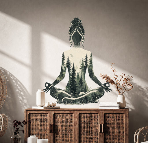 Colorful Forest Yoga Meditation Woman Vinyl Wall Decal in an interior setting