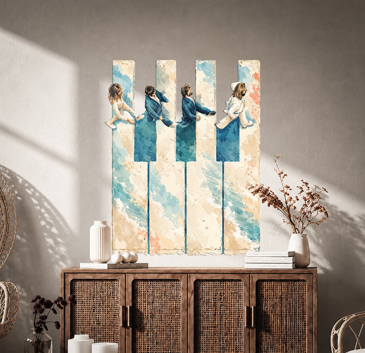 Colorful Piano Keys and Dancing Figures Wall Decal in an interior setting