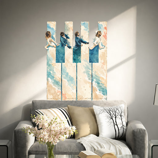 Colorful Piano Keys and Dancing Figures Wall Decal in an interior setting