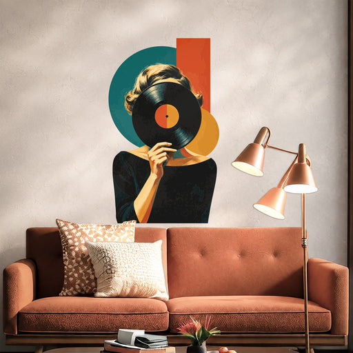 Colorful Retro Vinyl Record Woman Music Wall Decal in an interior setting