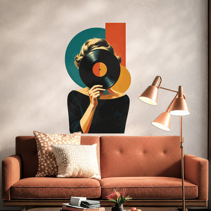 Colorful Retro Vinyl Record Woman Music Wall Decal in an interior setting