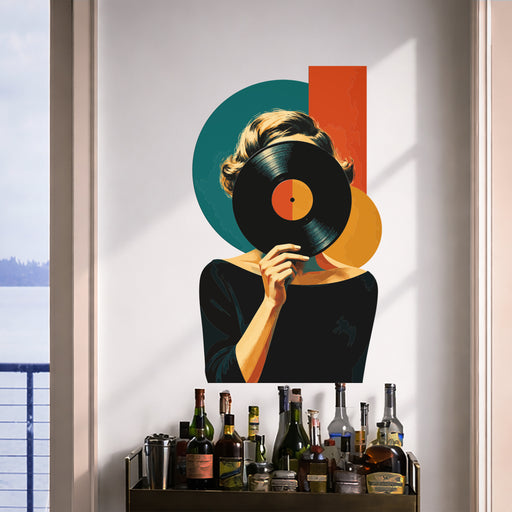 Colorful Retro Vinyl Record Woman Music Wall Decal in an interior setting