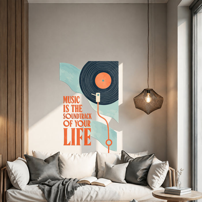 Colorful Vinyl Record Music Is Life Quote Wall Decal in an interior setting
