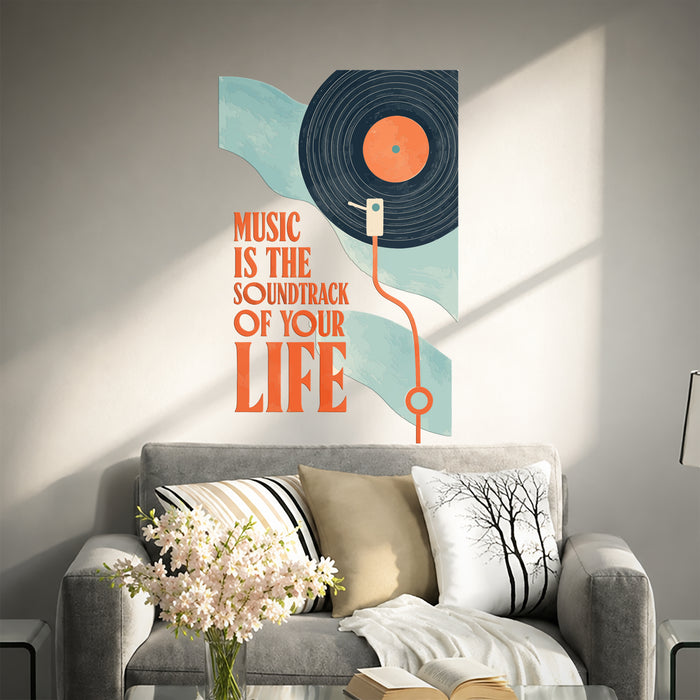 Colorful Vinyl Record Music Is Life Quote Wall Decal in an interior setting