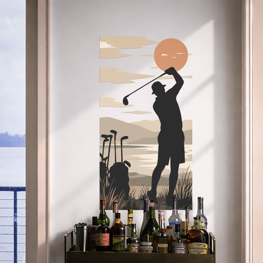 Golfer swinging a club in a sunset wall decal interior