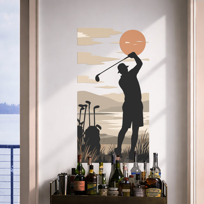 Golfer swinging a club in a sunset wall decal interior