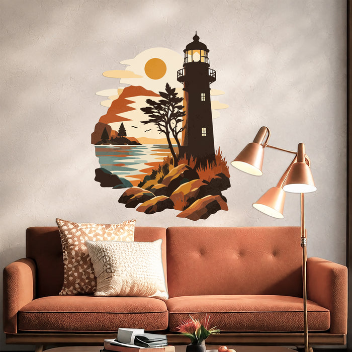Coastal lighthouse wall decal displayed in an interior