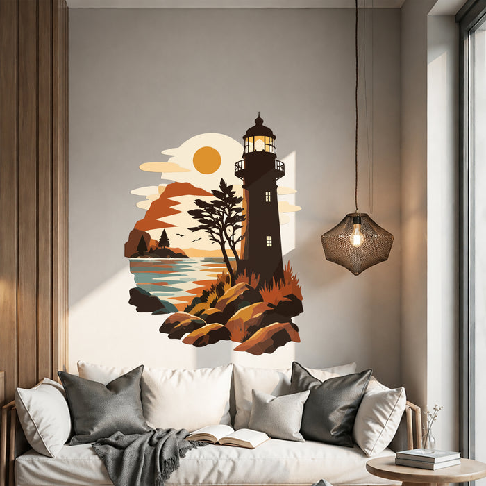 Lighthouse and ocean wall decal in a living room