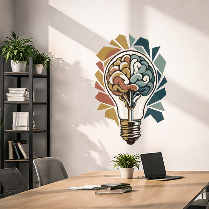 Colorful brain inside a light bulb wall decal in a bright office interior