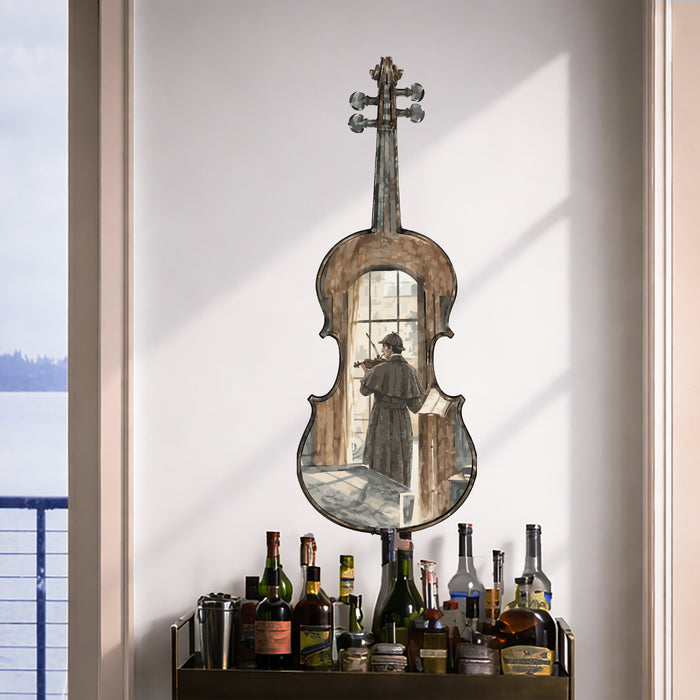 Sherlock Holmes violin wall decal above a bar cart