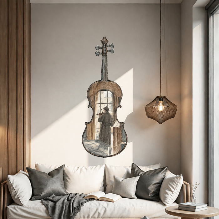 Sherlock Holmes violin wall decal above a living room sofa