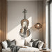 Sherlock Holmes violin wall decal above a living room sofa