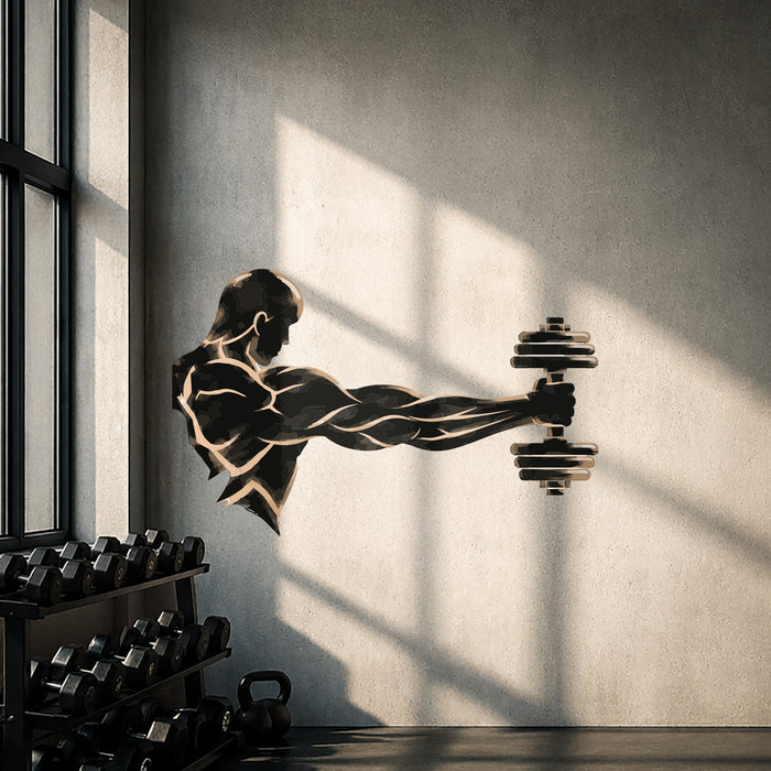 Athlete holding a dumbbell wall decal in a bright home gym