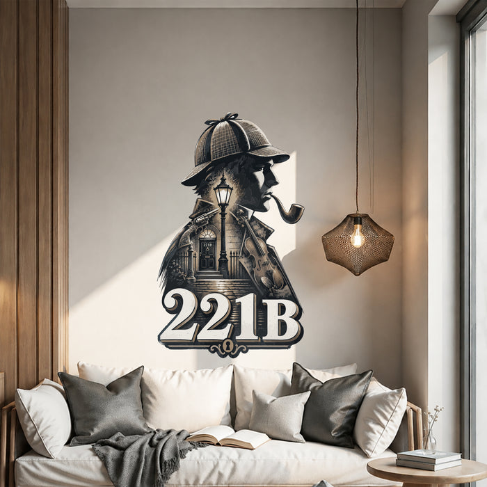 Sherlock Holmes 221B wall decal above a living room sofa