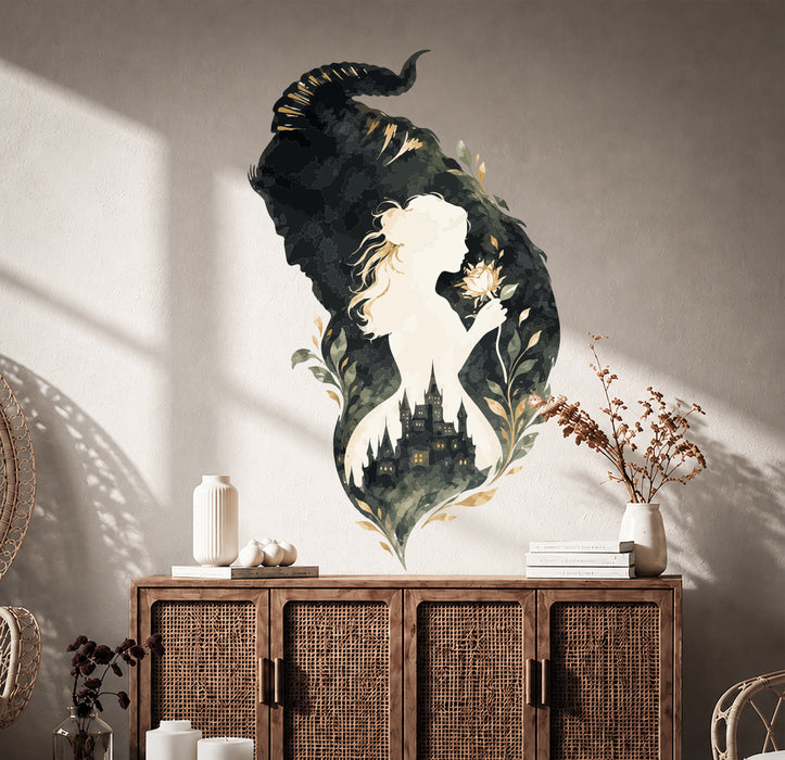 Beauty and the Beast wall decal above a wooden cabinet