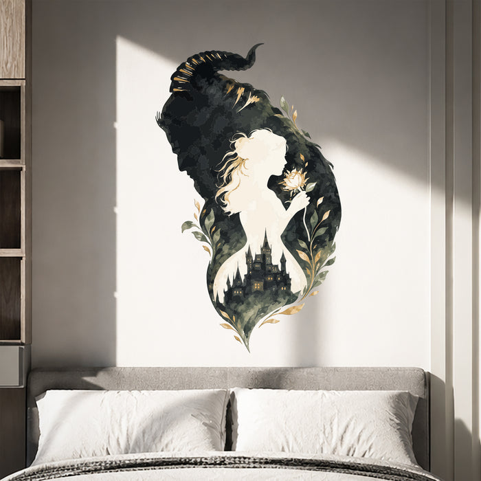 Beauty and the Beast wall decal above a bedroom headboard