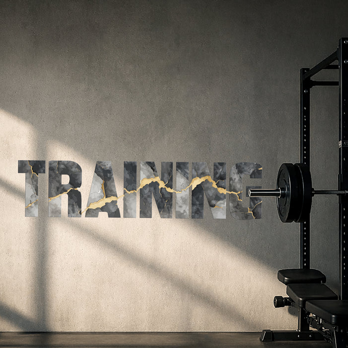 TRAINING typography wall decal beside gym equipment