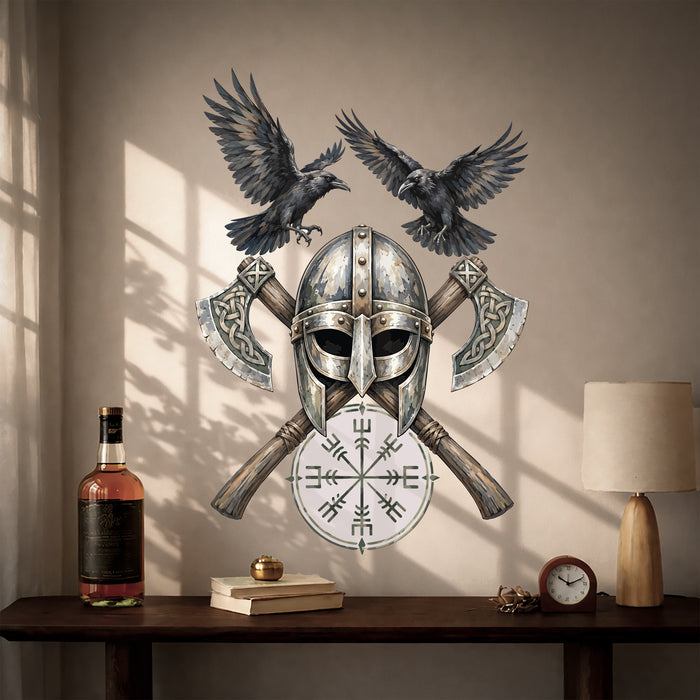 Colorful Nordic Viking Helmet and Ravens Wall Decal in an interior, view 1