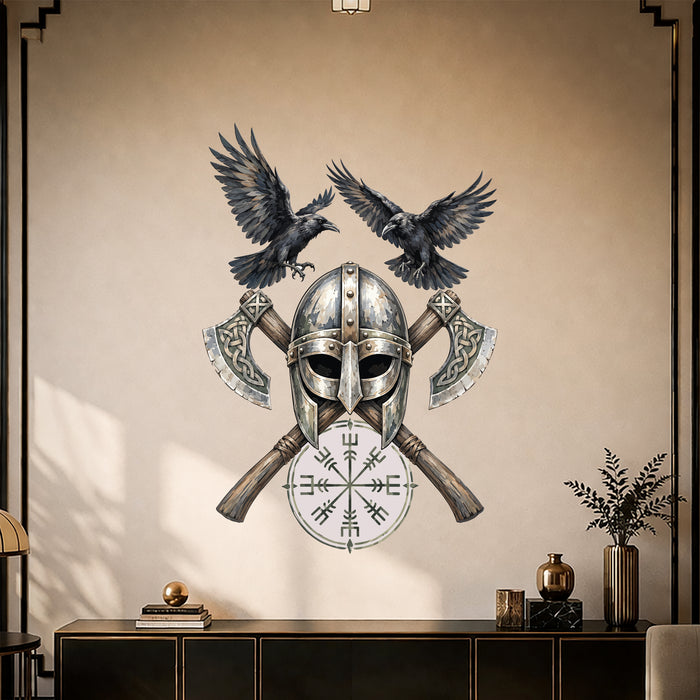 Colorful Nordic Viking Helmet and Ravens Wall Decal in an interior, view 2
