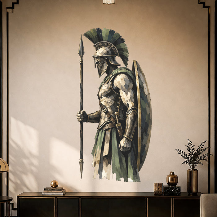 Colorful Ancient Spartan Warrior with Spear Wall Decal in an interior, view 1