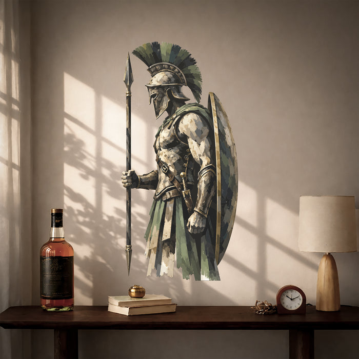 Colorful Ancient Spartan Warrior with Spear Wall Decal in an interior, view 2