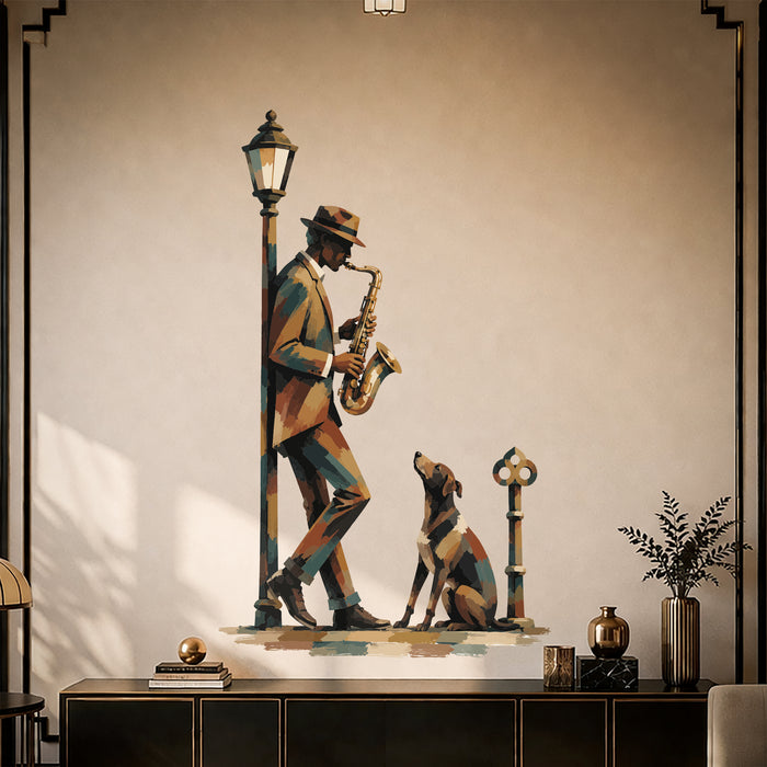 Colorful Jazz Street Musician with Cat Wall Decal in an interior, view 2