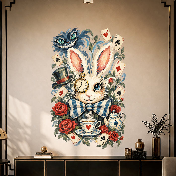 Colorful Wonderland Rabbit and Floral Art Wall Decal in an interior, view 1