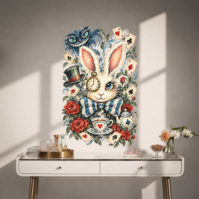 Colorful Wonderland Rabbit and Floral Art Wall Decal in an interior, view 2