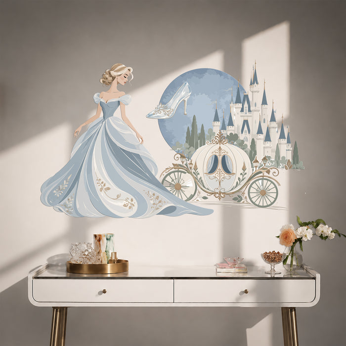 Colorful Cinderella Carriage and Castle Wall Decal in an interior, view 1