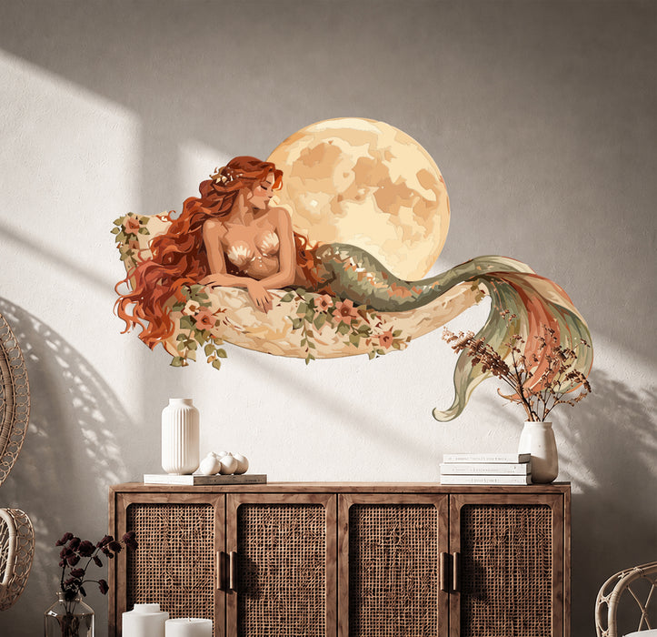 Colorful Boho Mermaid and Full Moon Wall Decal Art in an interior, view 2