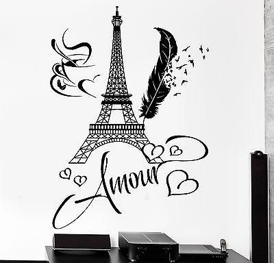 Wall Decal Paris Eiffel Tower Feather Amour Cup Of Love Romantic Sticker Unique Gift (z2847)