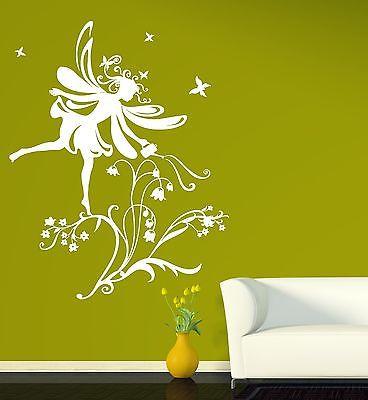 Wall Sticker Vinyl Decal Little Fairy Winglets Ringlets Bluebells Flowers Unique Gift (n078)