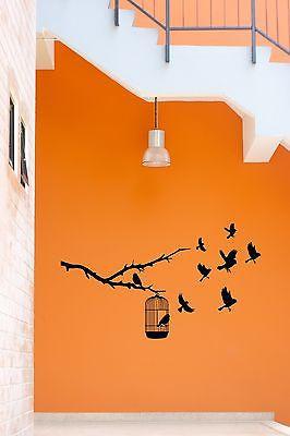 Wall Vinyl Stickers  Birds In Cage Branch Tree Cool Decor For Your Place  z1569