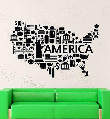 Wall Stickers Vinyl Decal USA Map Famous Places America Coolest Decor Unique Gift (z2204)