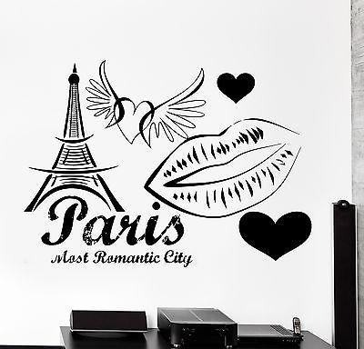 Wall Decal Paris France Eiffel Tower Heart Wing Love Romantic Vinyl Decal Unique Gift z3131